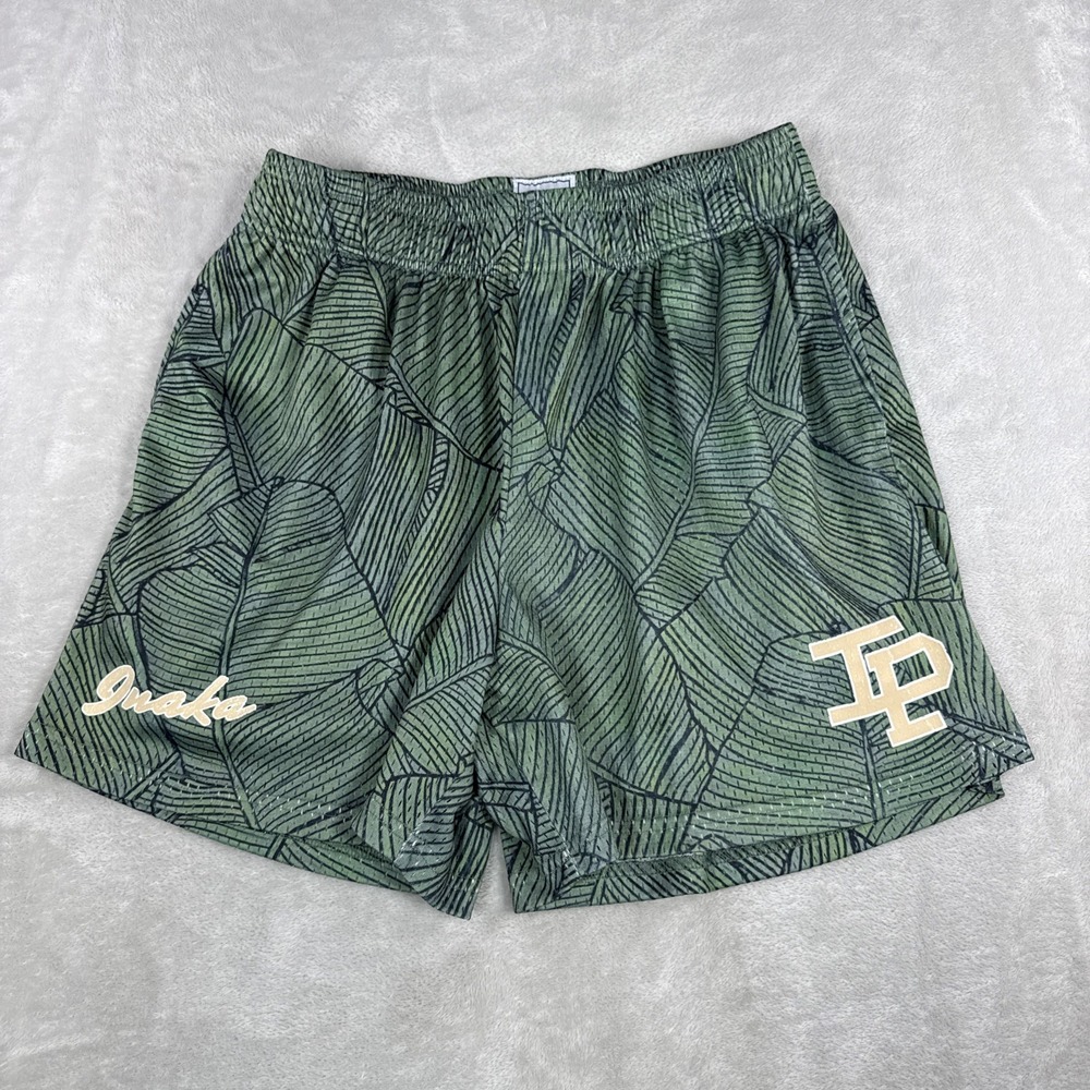 Inaka Power Shorts Mens Large Green Gold Basic Mesh Tropical Lined Athletic Gym